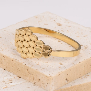 Irregular honeycomb gold stainless steel cuff bracelet with textured scale design