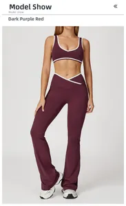 Detail of burgundy yoga set featuring contrast piping and V-shape crossover high waistband