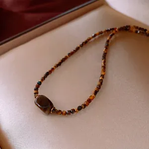 Vintage Tiger Eye Stone Beaded Necklace Copper Gold Tone Maillard Brown Niche Fashion Jewelry Women Adjustable