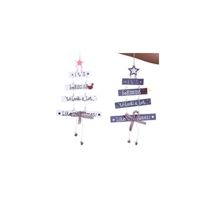 Christmas tree shaped wooden hanging ornaments with bells and star toppers in two colors