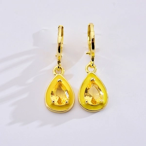 Chic yellow teardrop drop earrings with gold plating and sparkling zircon stones
