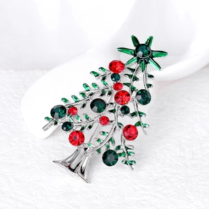 Christmas tree brooch with red and green rhinestones on silver alloy base