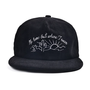 Black corduroy flat brim baseball cap with No Home But Where I Roam cactus embroidery