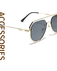 Detailed side view of pilot sunglasses with gold metal frame and dark gray lenses