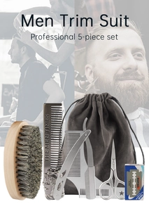 5-piece men's grooming set with boar bristle brush, metal comb, razor and pouch
