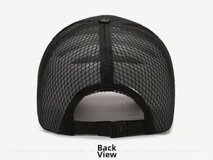 Detail view of the breathable black mesh fabric and adjustable back buckle on the baseball cap