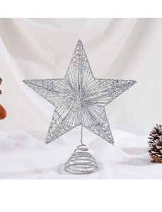 Silver hollow Christmas tree topper star with glitter finish and spiral base support