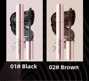 Close-up of waterproof mascara in black and brown shades with fine spiral brush heads
