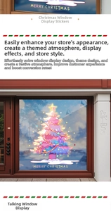 Detailed view of pink Christmas tree window sticker with Merry Christmas greeting text