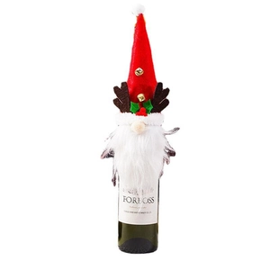Festive Christmas wine bottle cover featuring reindeer antlers and gnome beard design
