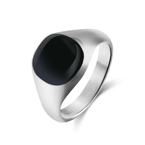 Polished titanium steel signet ring for men featuring a square black enamel top inlay