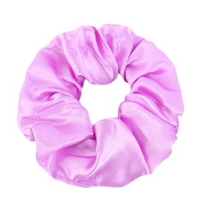 Detail of a purple satin scrunchie showing glossy silk texture and pleated fabric folds