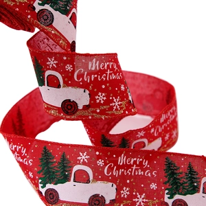 Red Merry Christmas fabric ribbon with white truck and green tree pattern, 3m roll
