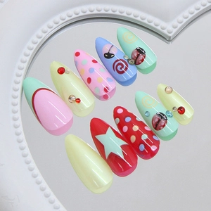 French ladybug polka dot press-on nails with sparkling rhinestones and colorful patterns