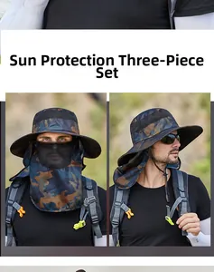 Close-up of camouflage outdoor fishing hat with detachable face cover and neck flap