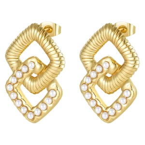 Golden double hoop square earrings with textured finish and elegant white pearl inlays