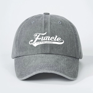 Vintage washed grey cotton baseball cap with white Funcle The Fun Uncle graphic print