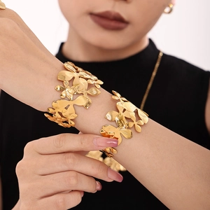 Floral Cuff Bracelet Stainless Steel Hollow Layered Flower Wide Open Bangle French Elegant Fashion Jewelry For Women