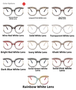 Showcase of thirteen color options for oversized rhinestone cat-eye glasses frames