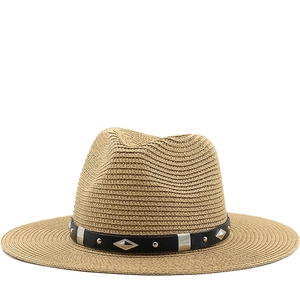 Chapeau De Paille Fedora À Large Bord Avec Bande En Cuir À Rivets Protection Solaire Été Plage Voyage Style Western