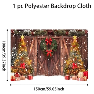 Detailed view of 100x150cm polyester Christmas backdrop featuring rustic door and wreath