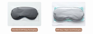 Detail of silk satin sleep masks in black and grey with two types of OPP bag packaging