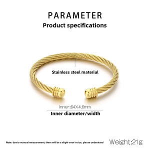 Macro shot of 18K gold plated stainless steel twisted cable bracelet with dimension specs
