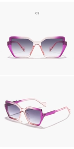 Detail of polygon gradient sunglasses with purple-pink frames and grey gradient lenses