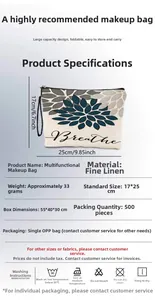 Detail of linen floral makeup bag with Breathe print, sized 17x25cm for daily storage