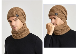 Detail of camel thermal knit beanie and neck warmer set with fleece lining and wave texture