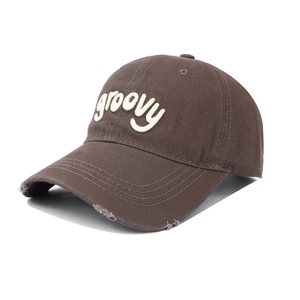 Deep brown cotton baseball cap with groovy embroidery and distressed brim details