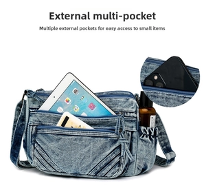 Blue denim tote bag showing large capacity with multiple pockets and interior storage space