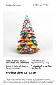 Detail view of mini resin Christmas tree ornament with colorful crystal stones and size specs