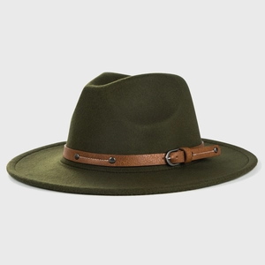 Macro detail of deep olive green wool fedora with brown leather strap and silver metal buckle