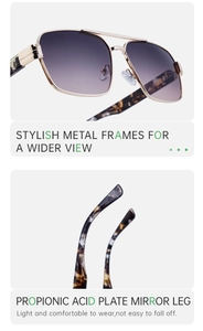 Detail of square gold metal sunglasses with gradient purple lenses and leopard temples