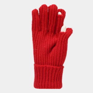 Detail of red cable knit gloves with finger openings for smartphone use and ribbed cuffs