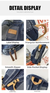 Detailed views of vintage denim backpack featuring color-block panels and leather logo patch