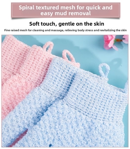 Detail of blue and pink exfoliating bath gloves with spiral mesh texture and hanging loop