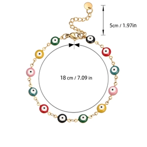 Colorful Evil Eye charm bracelet with gold chain measuring 18cm plus 5cm extension
