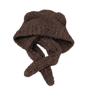 Cute dark brown plush bear ear hood hat with integrated scarf for winter warmth