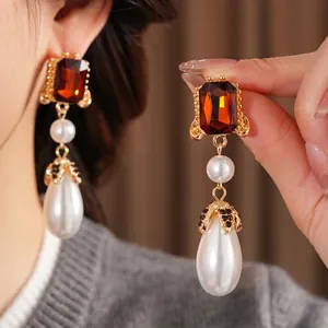 Vintage gold earrings with ruby rectangle and large teardrop pearl pendant for women