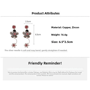 Macro detail of flower tassel earrings with red zircon and silver needles dimensions