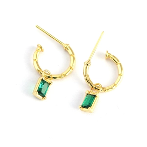 French C-shaped gold bamboo texture hoop earrings with emerald green zircon pendants