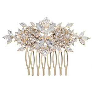 Vintage bridal hair comb with gold metal, sparkling rhinestones and white pearls for weddings