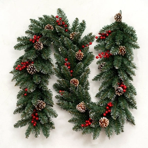 Artificial Christmas Garland Mixed PE PVC Pine Cones Red Berries Snow Flocked Lush Rattan For Staircase Window Mall