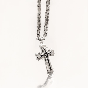 Silver double-layered stainless steel cross pendant necklace with square link chain
