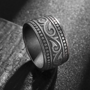 Vintage oxidized titanium steel wide band ring with intricate carved totem patterns