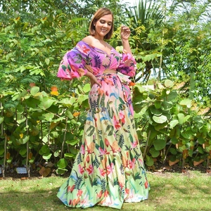 Vestido largo floral tropical para mujer con escote en V y hombros caídos para verano