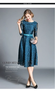 Lace embroidery midi dress with half sleeves and light blue satin belt in dark teal