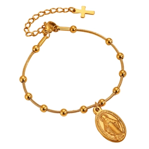 Gold Virgin Mary oval pendant bracelet with cross charm and polished bead chain